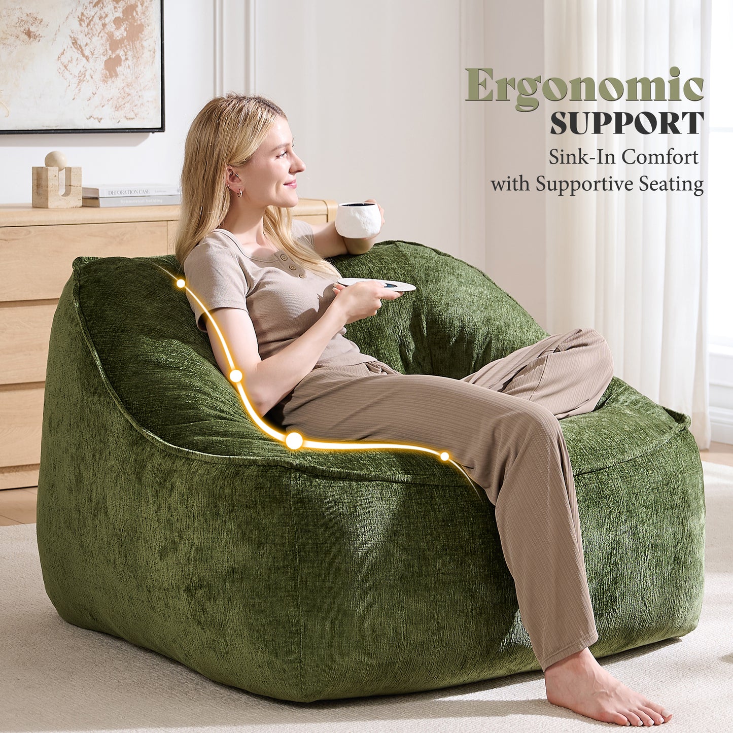 Amerlife Oversized Bean Bag Lounge Chair-Green Chenille
