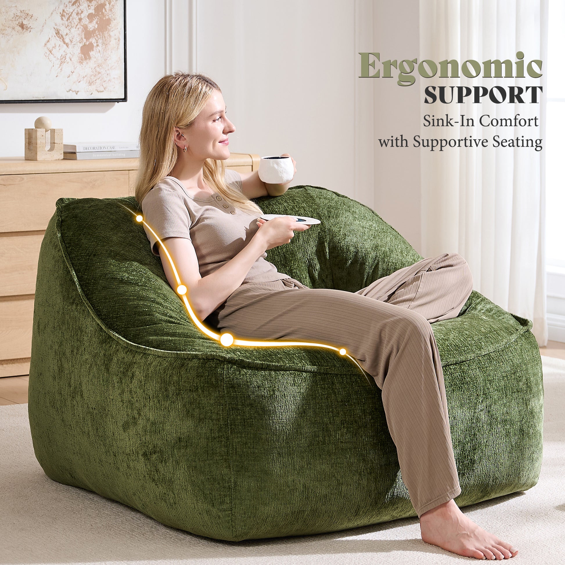 Amerlife Oversized Bean Bag Lounge Chair-Green Chenille