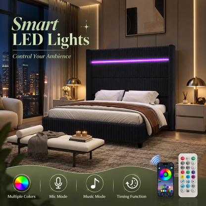 Warren Upholstered Bed Frame with LED Lights-King-Black