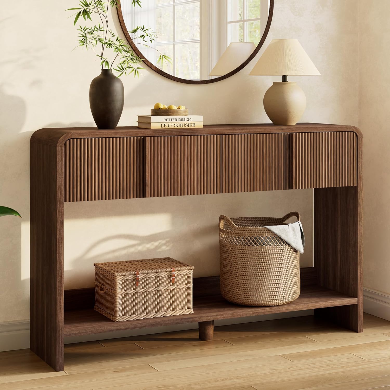 Curvia Wooden Console Table Amerlife Fluted Panel / 45" / Brown