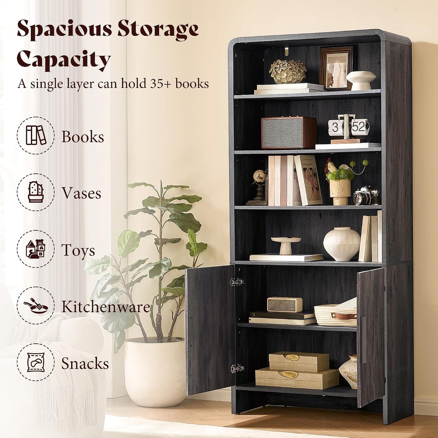 Arcova 71" Tall Fluted Bookshelf Amerlife Dark Grey