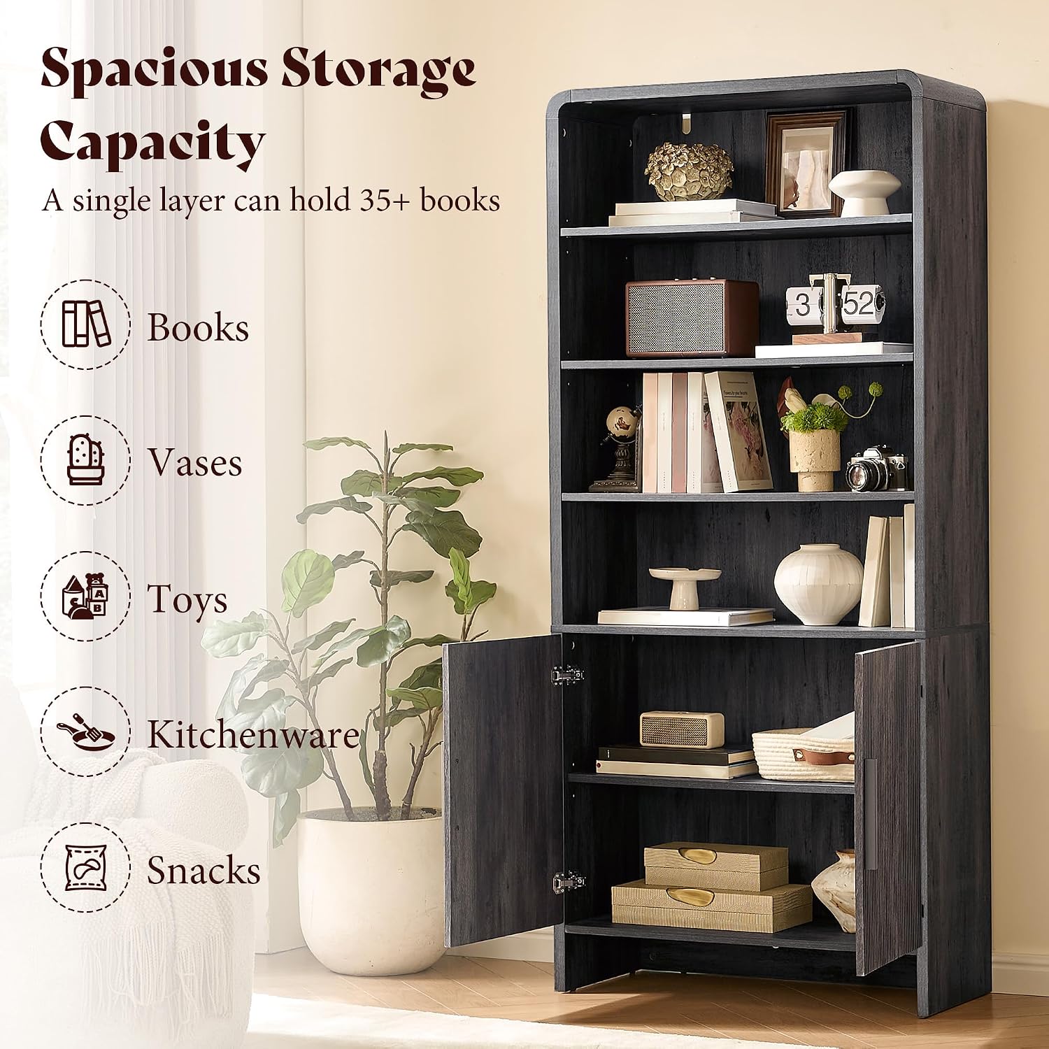 Arcova 71" Tall Fluted Bookshelf Amerlife Dark Grey
