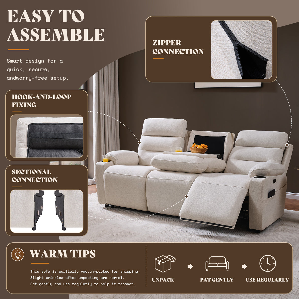 L-Shaped Power Reclining Sectional Sofa with Console-3-Seat with Flip Console-Beige