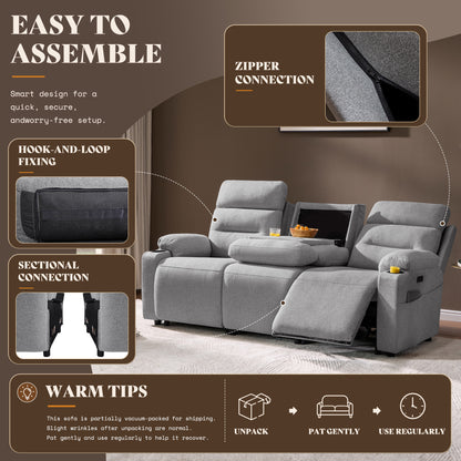 L-Shaped Power Reclining Sectional Sofa with Console-3-Seat with Flip Console-Light Grey