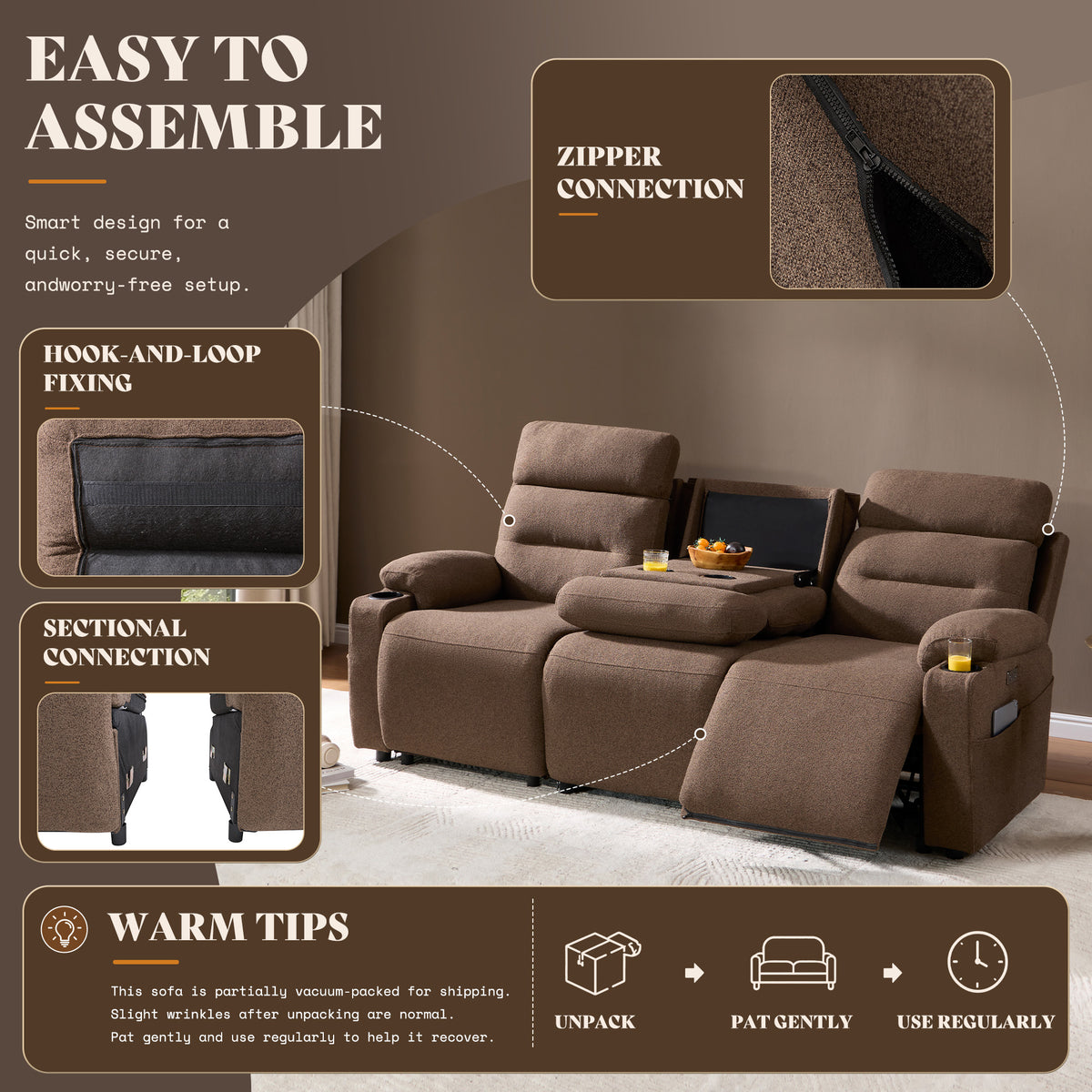L-Shaped Power Reclining Sectional Sofa with Console-3-Seat with Flip Console-Brown