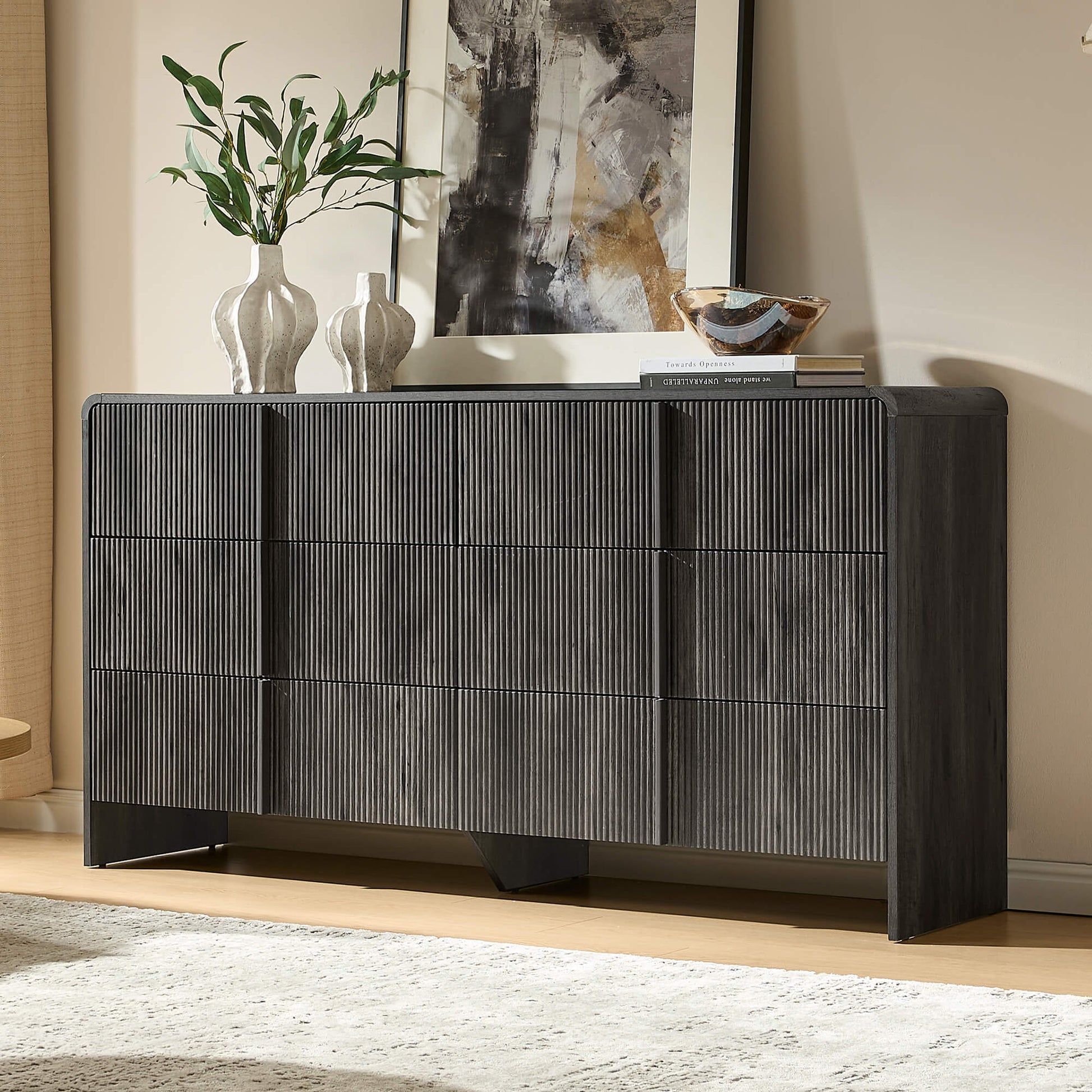 Amerlife Grayon Fluted 6-Drawer Wide Dresser with Pine Handles Amerlife Grayon Fluted 6-Drawer Wide Dresser with Pine Handles