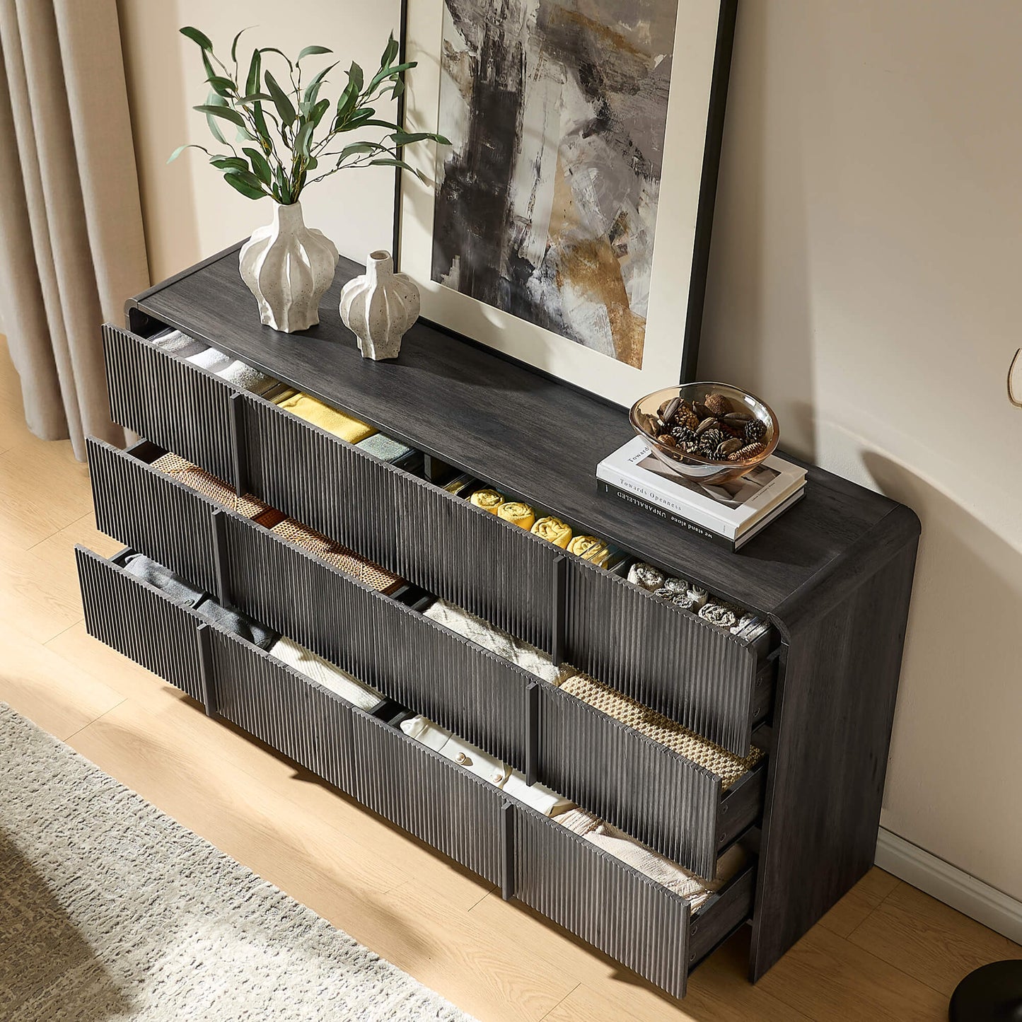 Garyon Fluted 6-Drawer Wide Dresser - Black