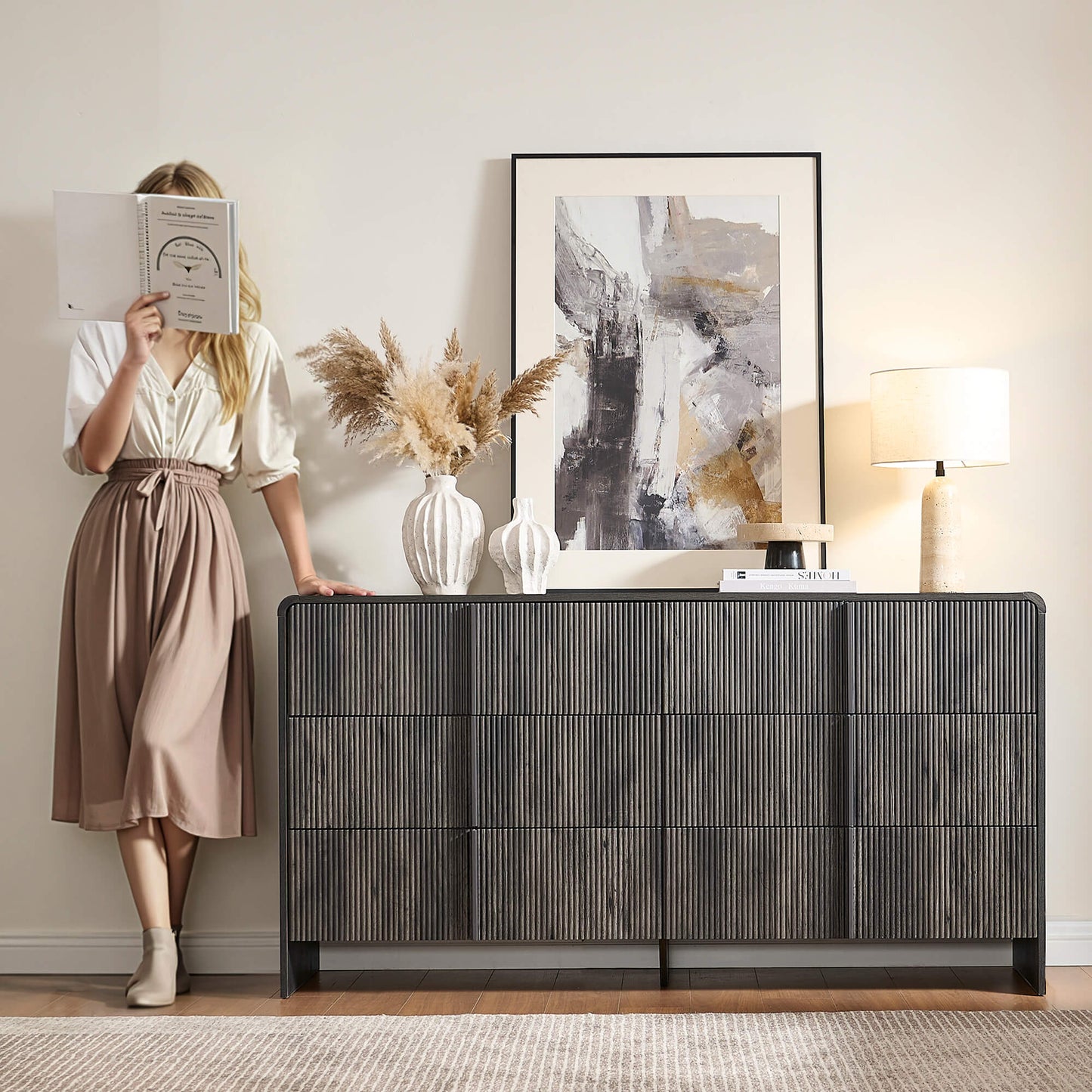 Garyon Fluted 6-Drawer Wide Dresser - Black