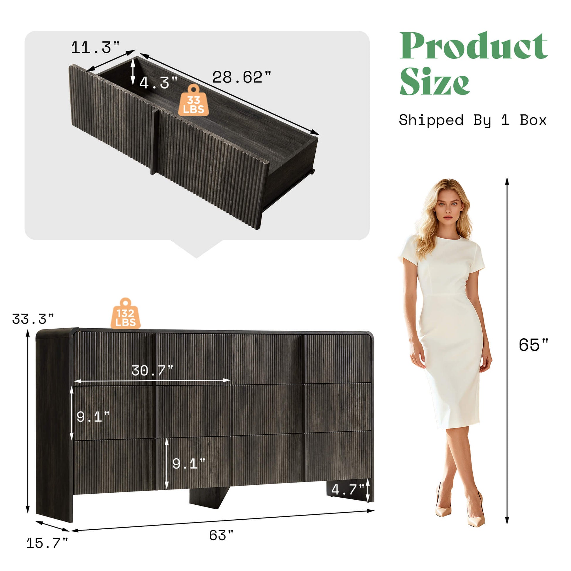 Garyon Fluted 6-Drawer Wide Dresser - Black