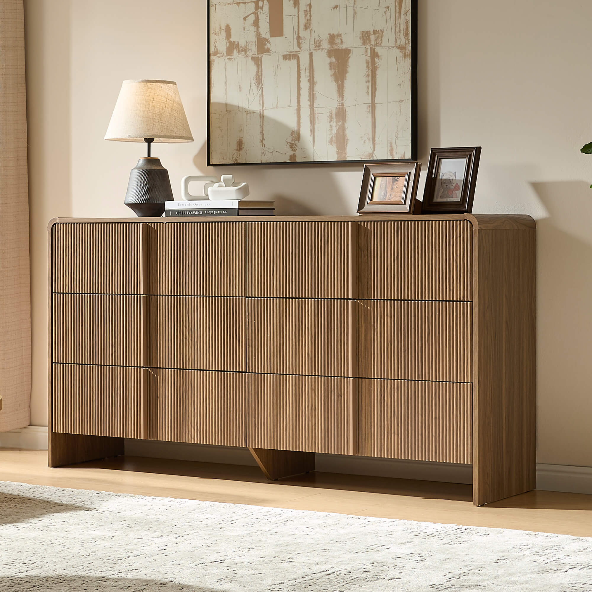 Amerlife Grayon Fluted 6-Drawer Wide Dresser with Pine Handles