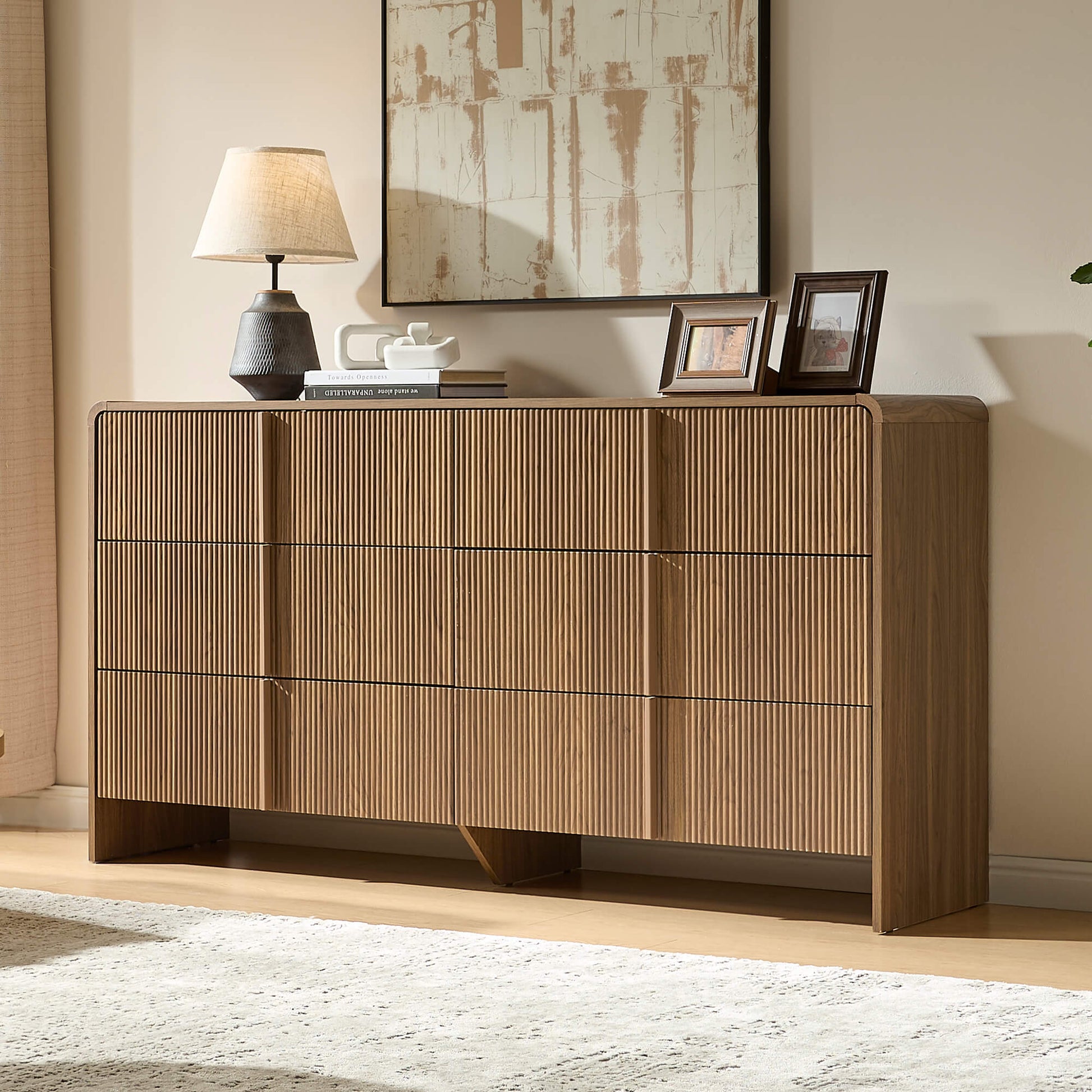 Garyon Fluted 6-Drawer Wide Dresser - Dark Walnut