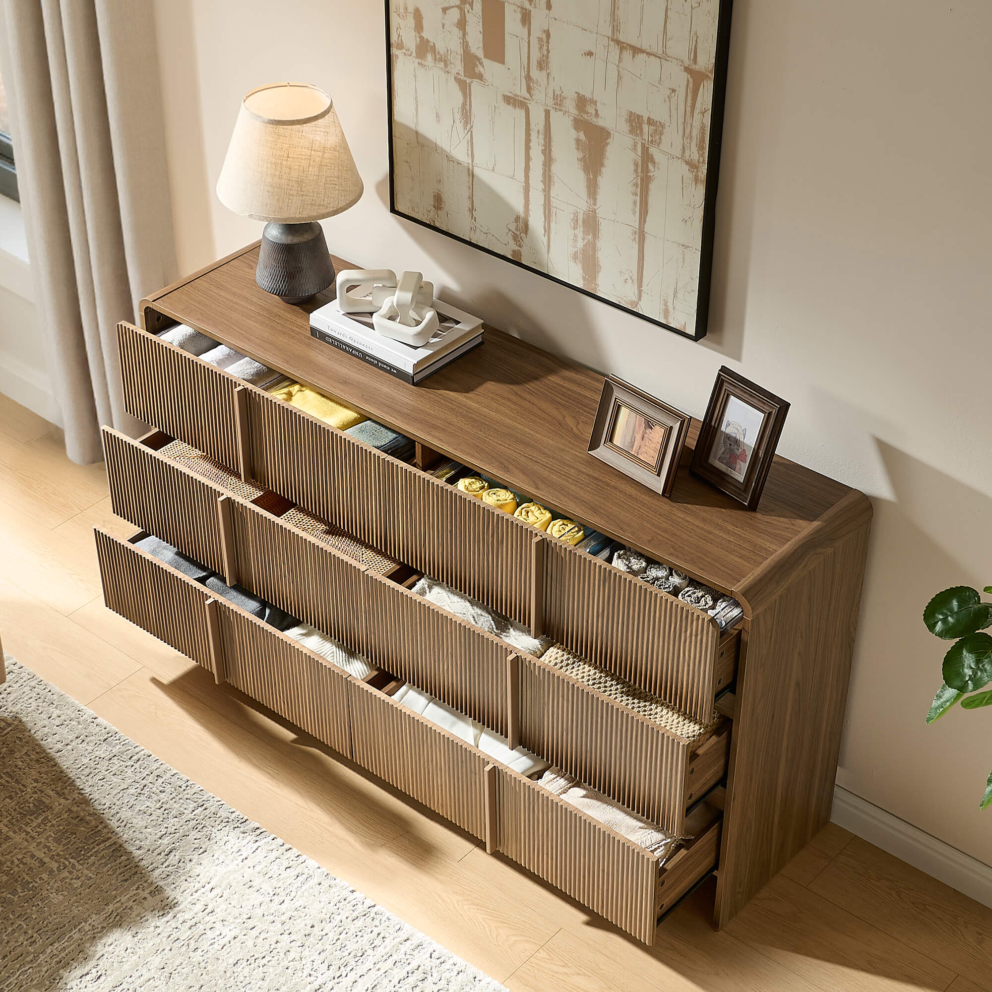 Amerlife Grayon Fluted 6-Drawer Wide Dresser with Pine Handles
