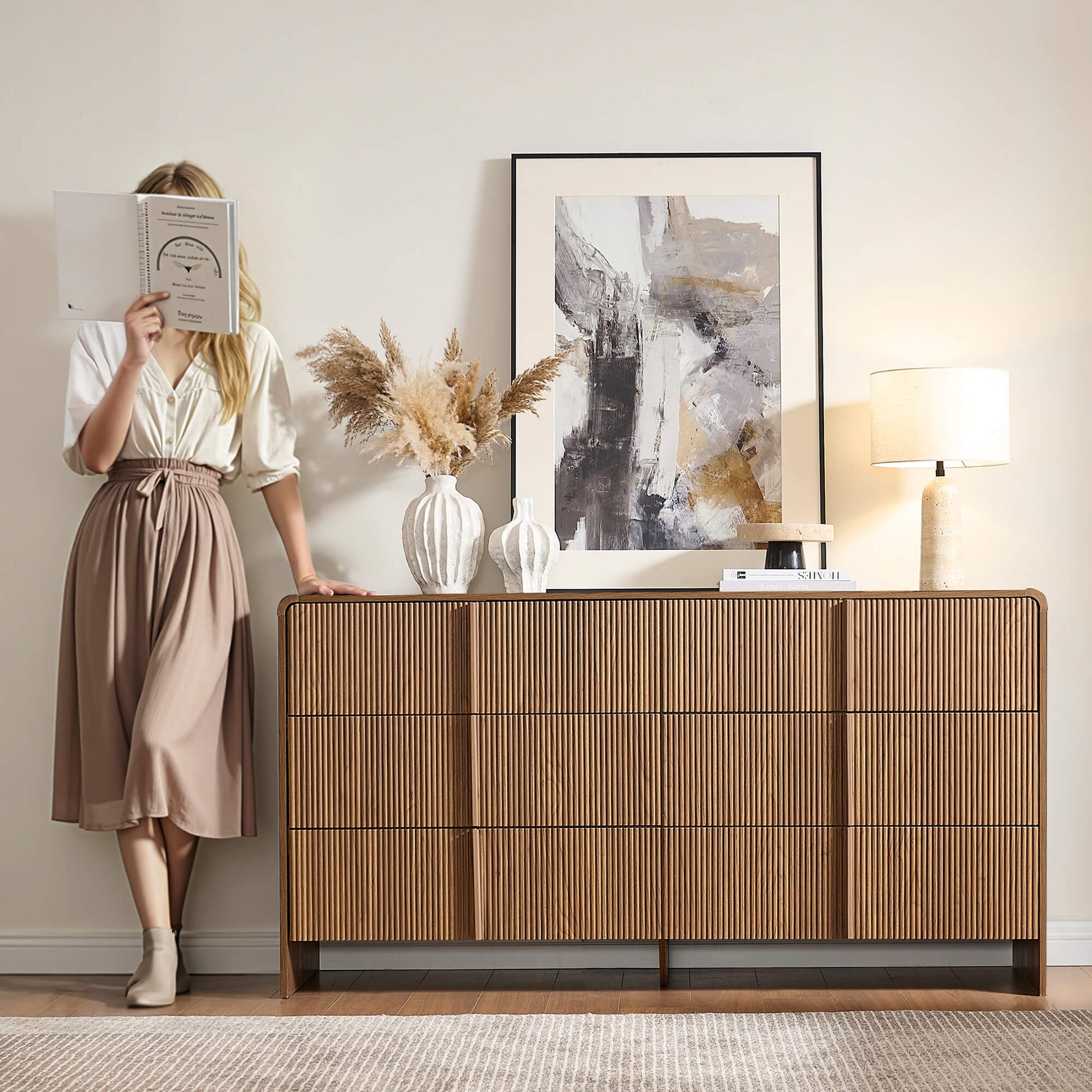 Garyon Fluted 6-Drawer Wide Dresser - Dark Walnut