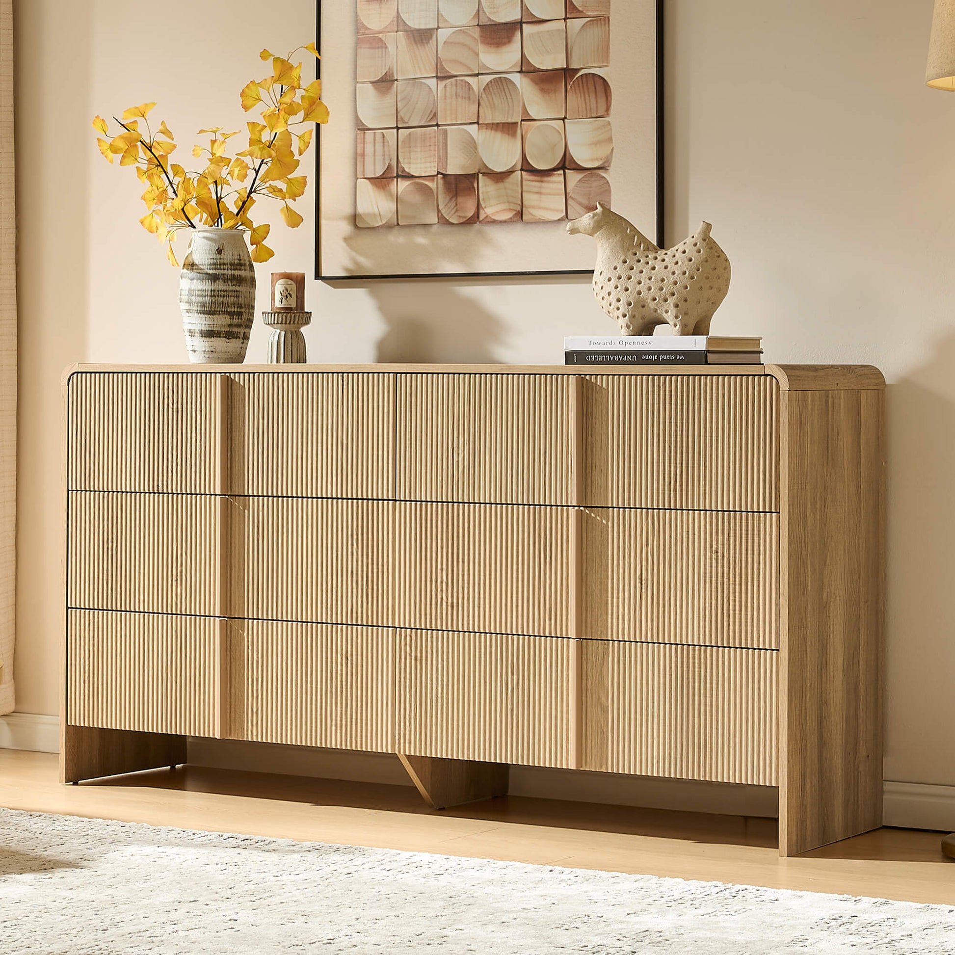 Amerlife Grayon Fluted 6-Drawer Wide Dresser with Pine Handles Natural Oak