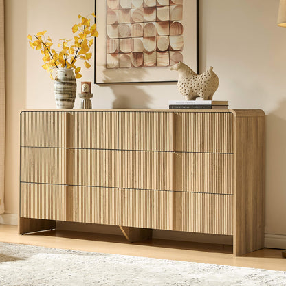 Garyon Fluted 6-Drawer Wide Dresser - Natural Oak