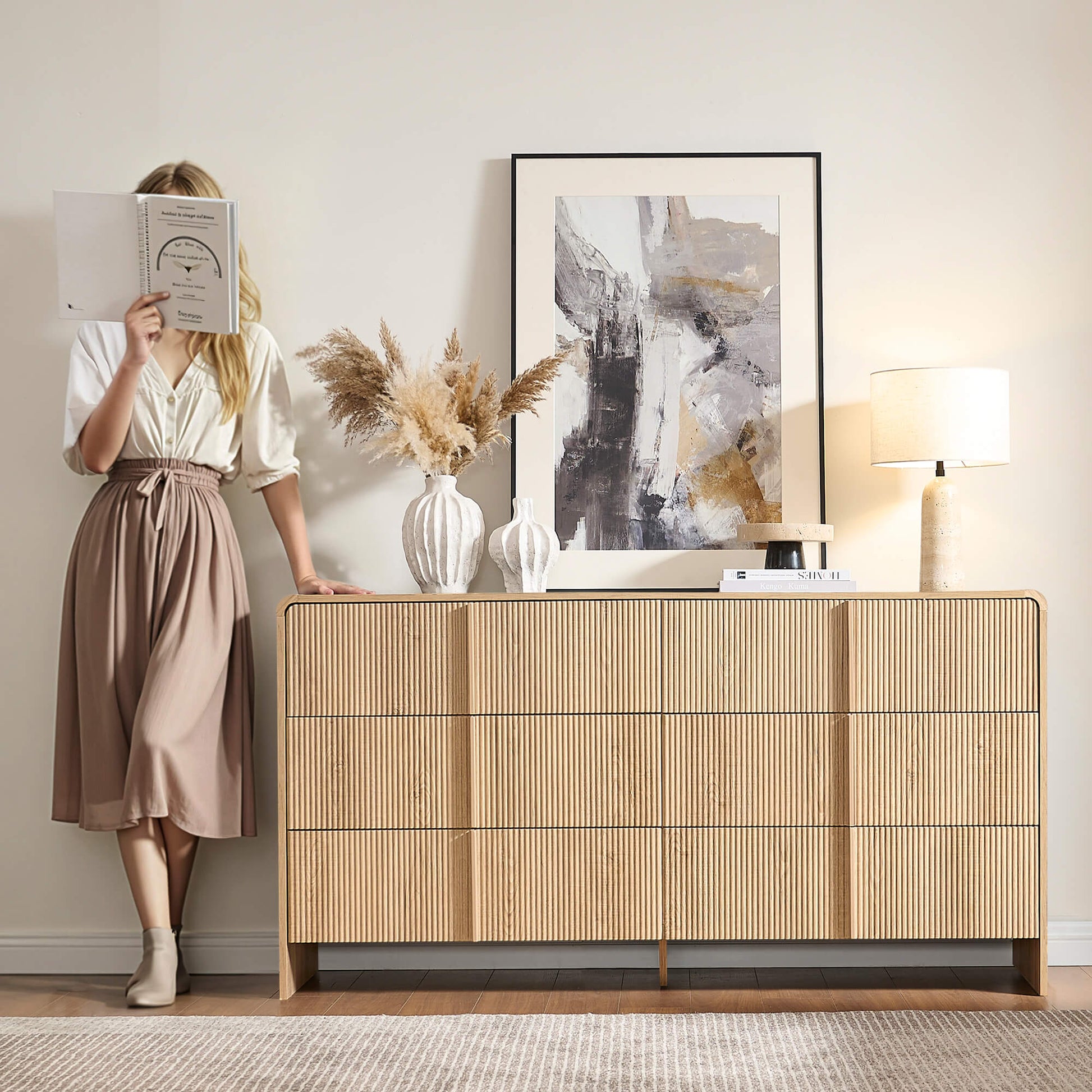 Amerlife Grayon Fluted 6-Drawer Wide Dresser with Pine Handles Natural Oak