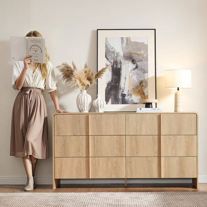 Garyon Fluted 6-Drawer Wide Dresser - Natural Oak