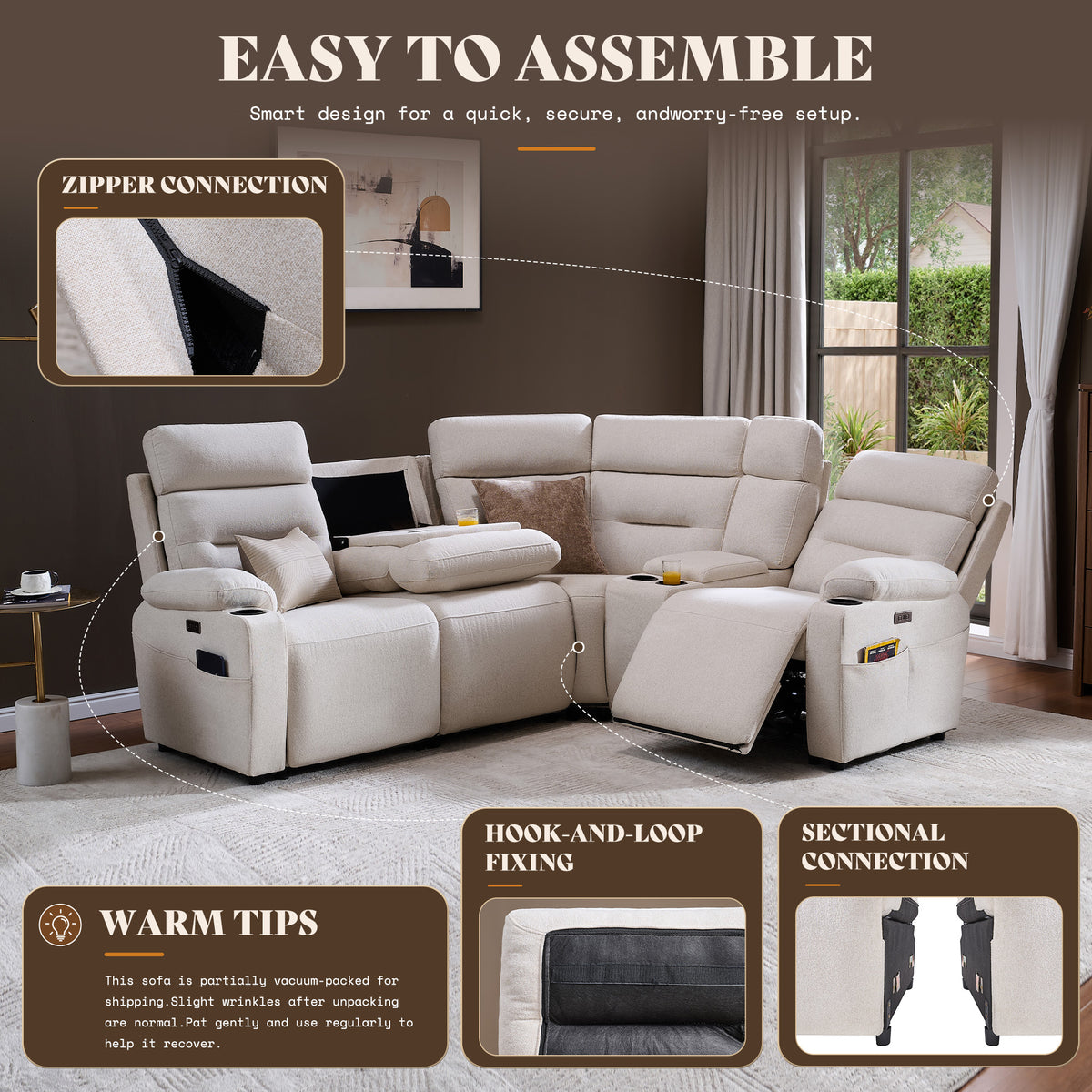 L-Shaped Power Reclining Sectional Sofa with Console-4-Seat L-Shaped with Flip Console-Beige