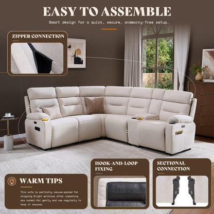 L-Shaped Power Reclining Sectional Sofa with Console-5-Seat L-Shaped-Beige