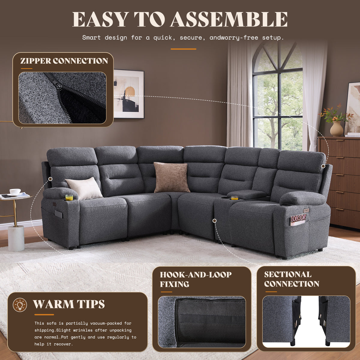 L-Shaped Power Reclining Sectional Sofa with Console-5-Seat L-Shaped-Dark Grey