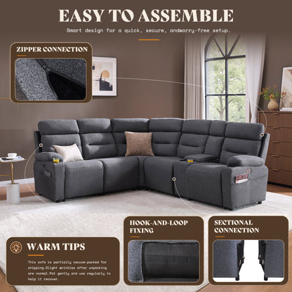 L-Shaped Power Reclining Sectional Sofa with Console-5-Seat L-Shaped-Dark Grey