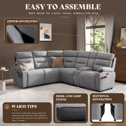 L-Shaped Power Reclining Sectional Sofa with Console-5-Seat L-Shaped-Light Grey