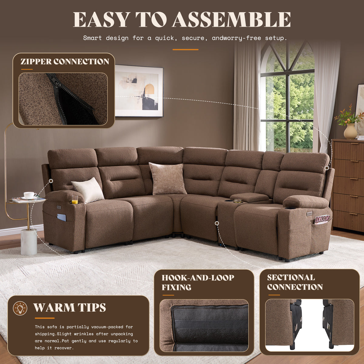 L-Shaped Power Reclining Sectional Sofa with Console-5-Seat L-Shaped-Brown