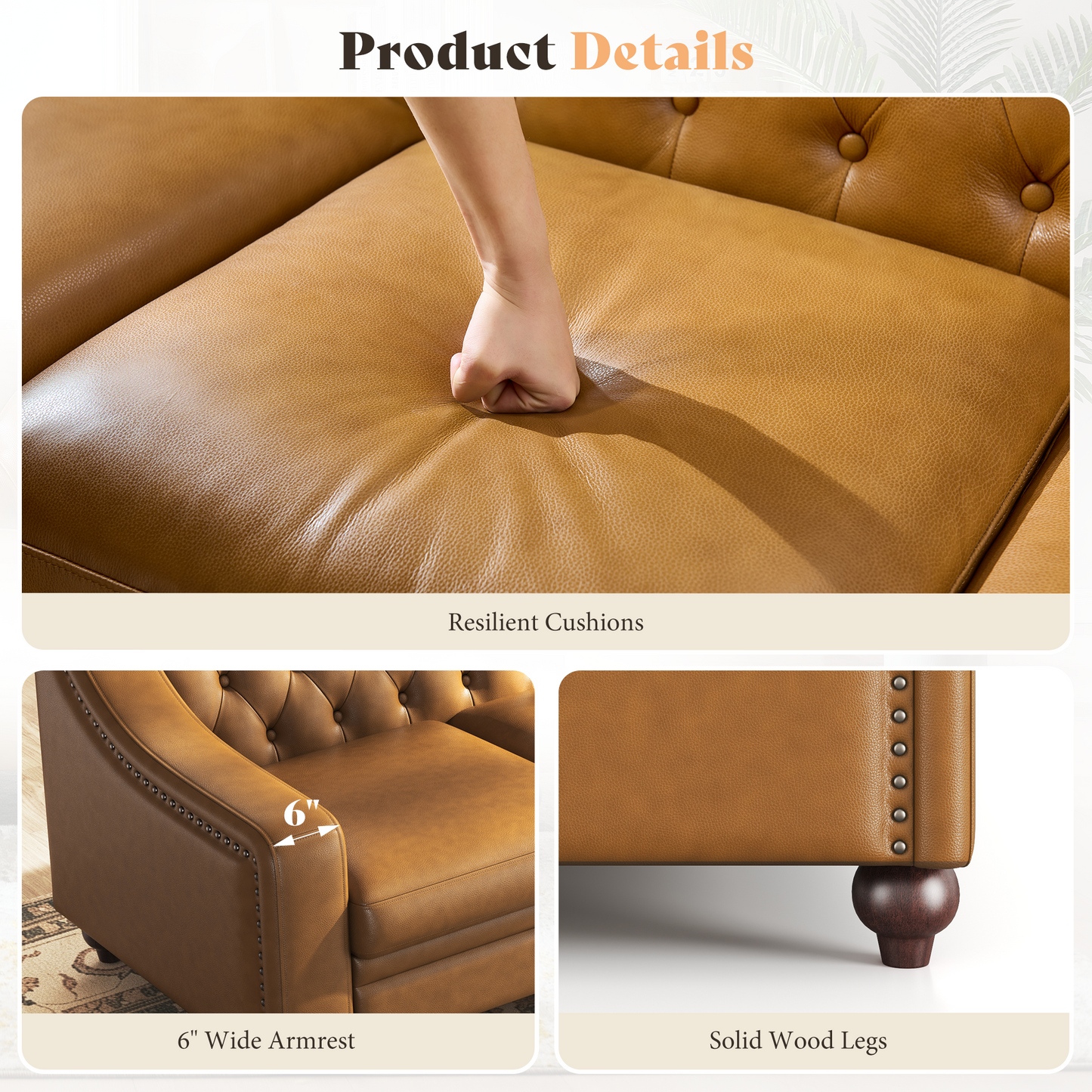 AMERLIFE Modern Genuine Leather Chesterfield Sofa Curved Arms