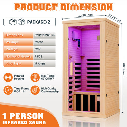 Low EMF Infrared Saunas for Home Amerlife 1-Person 32.3*32.3*66.1 Inch 