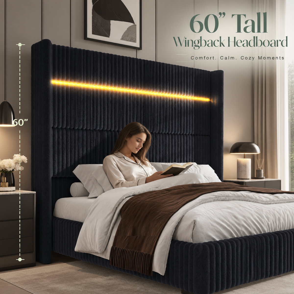 Warren Upholstered Bed Frame with LED Lights-King-Black