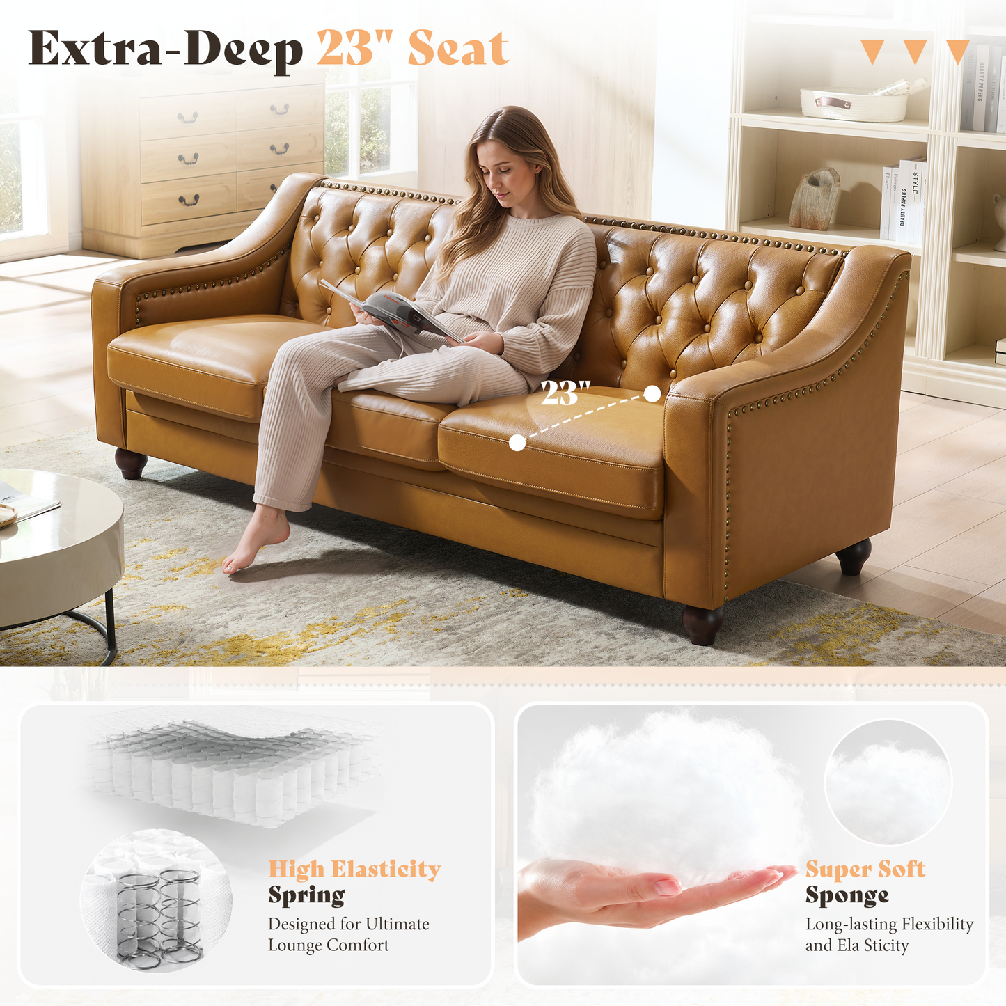 AMERLIFE Modern Genuine Leather Chesterfield Sofa Curved Arms