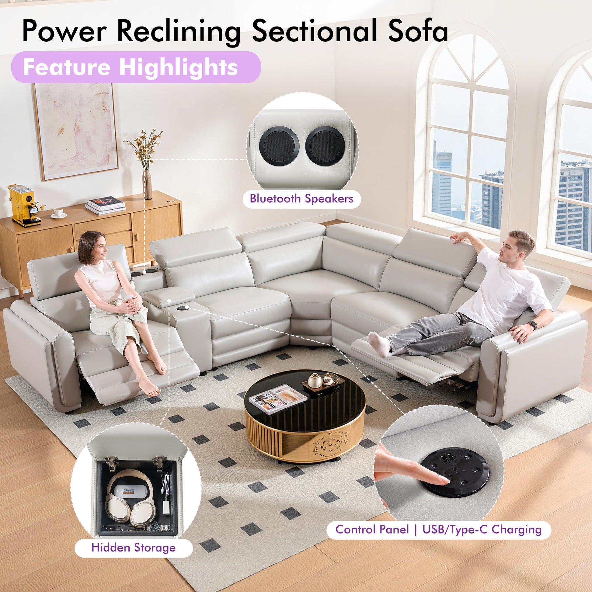 Vesper Dual Power Electric Reclining Sofa  Light Grey
