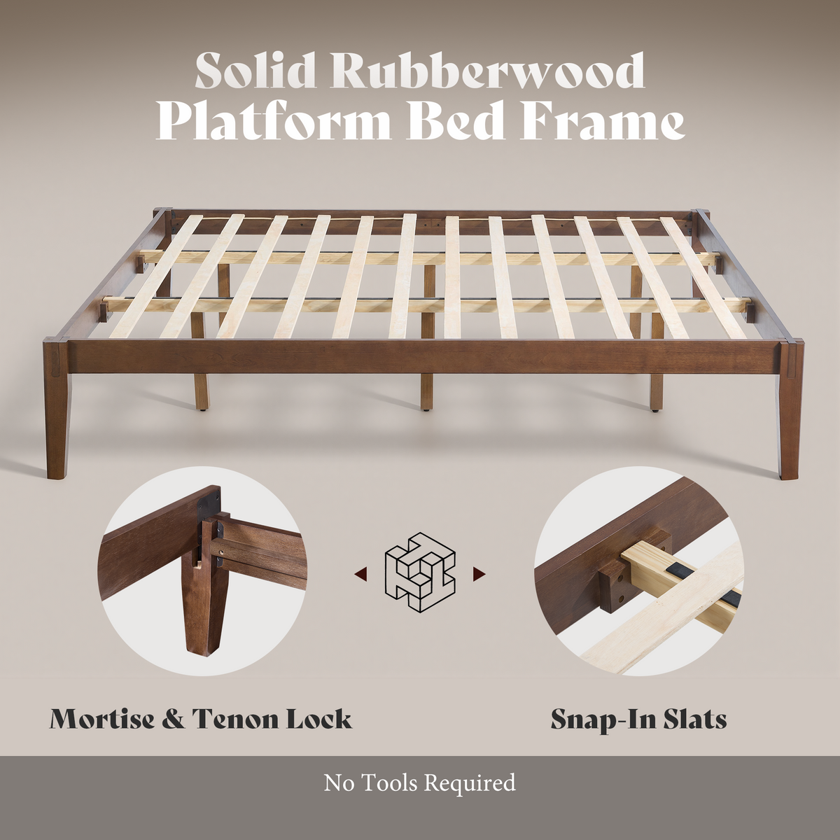 Quill Japanese Joinery Solid Wood Platform Bed Frame-Queen-Dark Walnut