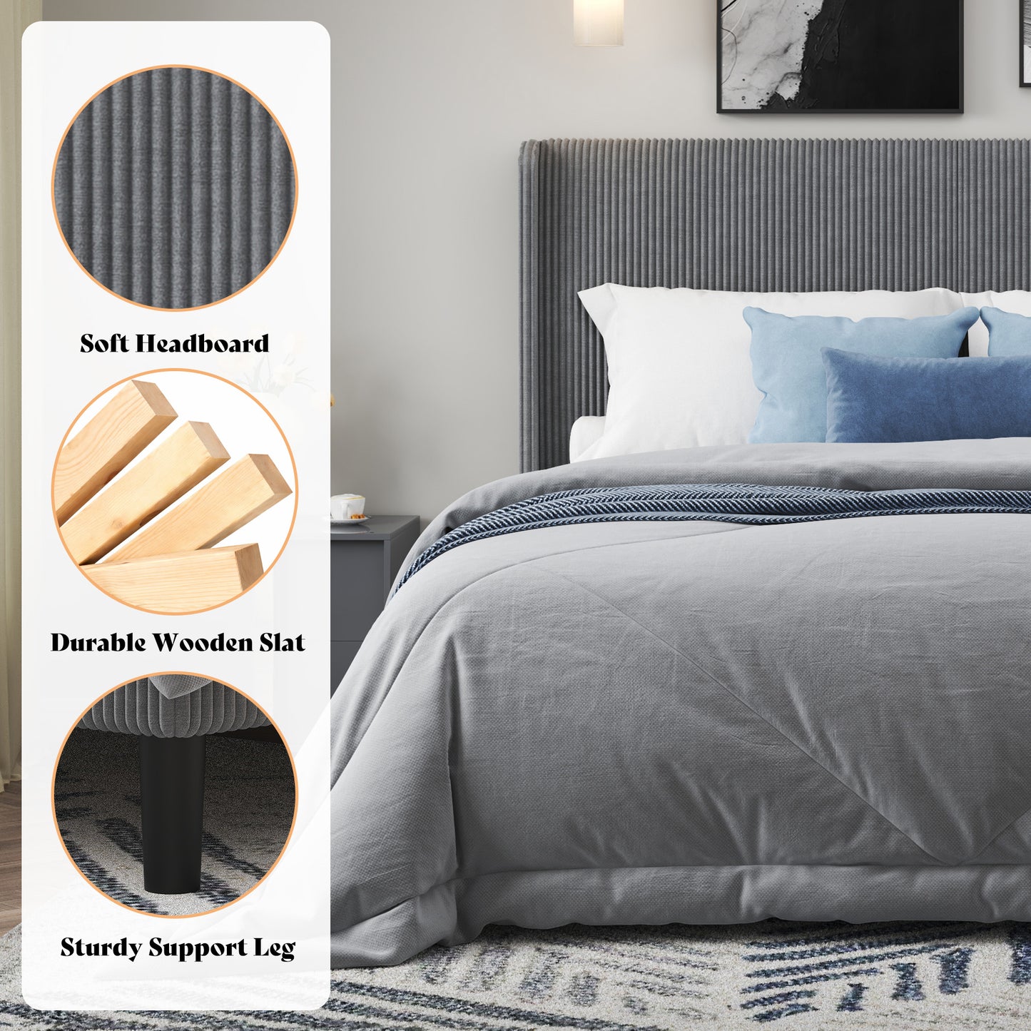 Corduroy Upholstered King Bed Frame-Grey