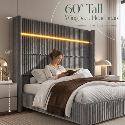 Warren Upholstered Bed Frame with LED Lights-Queen-Grey