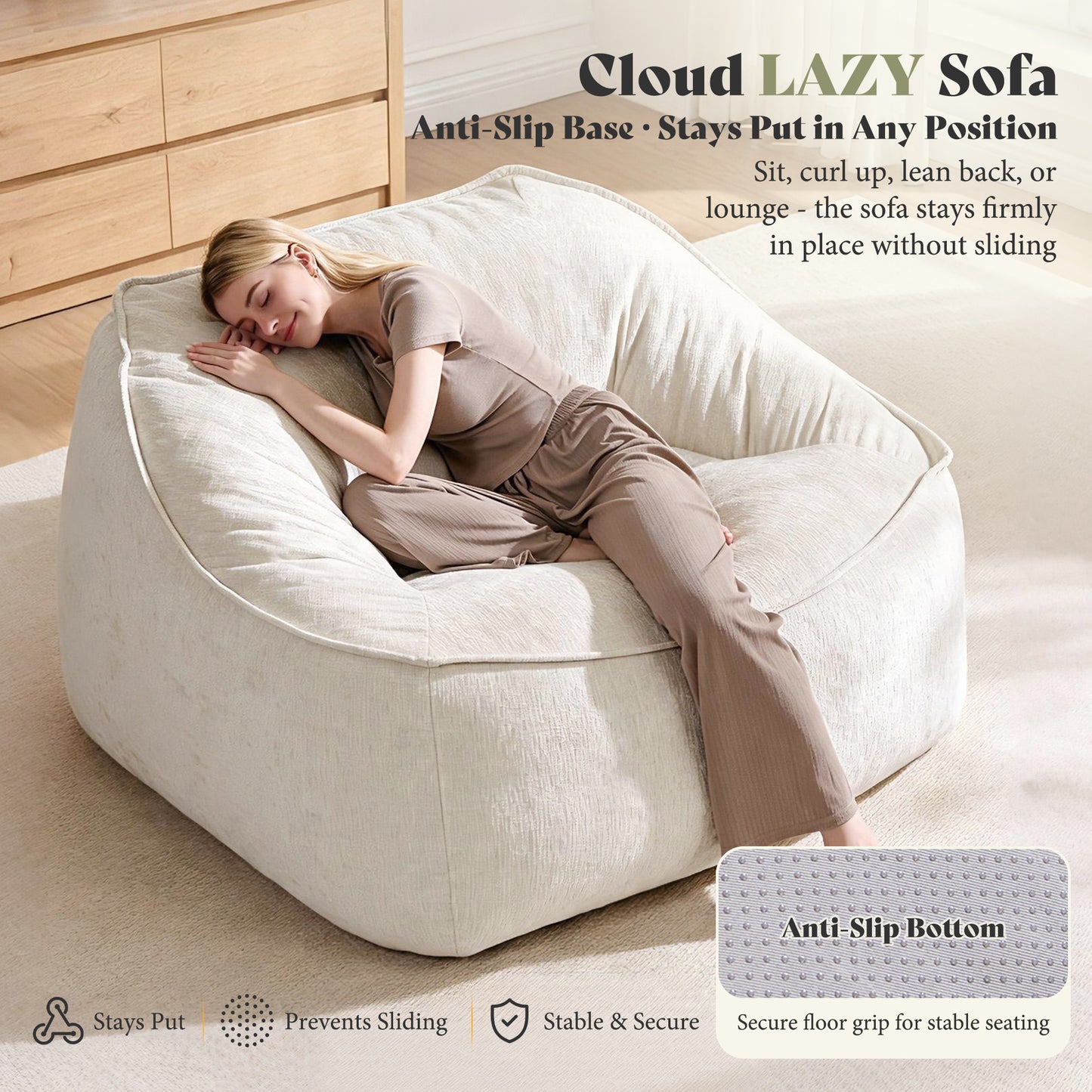 Amerlife Oversized Bean Bag Lounge Chair-Cream Chenille
