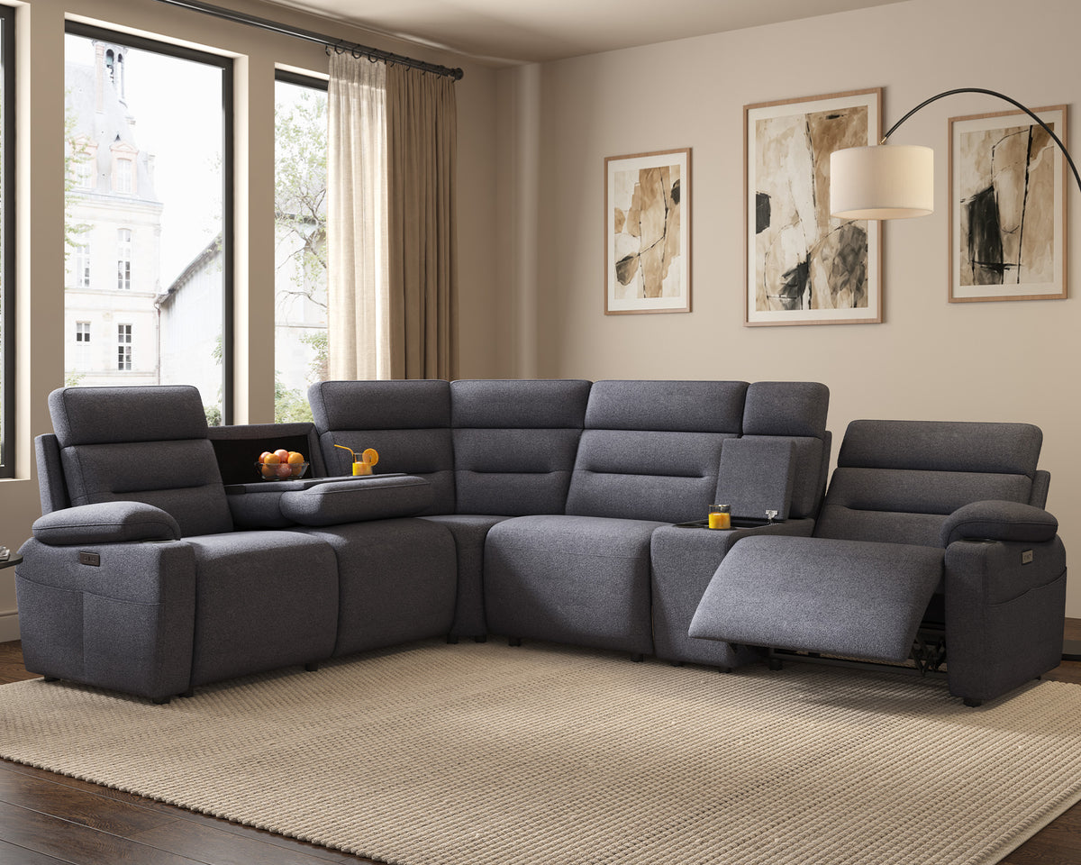 L-Shaped Power Reclining Sectional Sofa with Console-5-Seat L-Shaped-Dark Grey