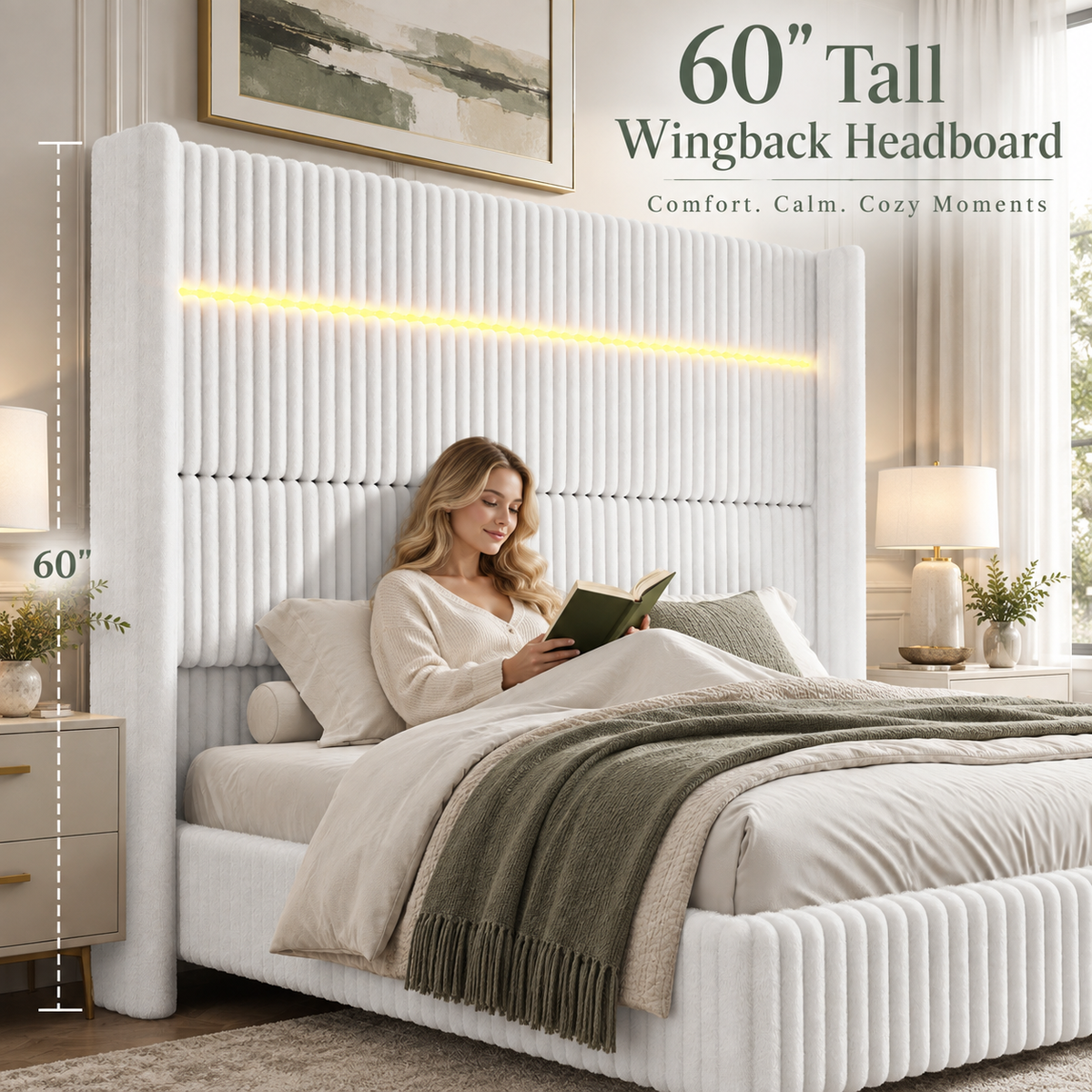 Warren Upholstered Bed Frame with LED Lights-Queen-White