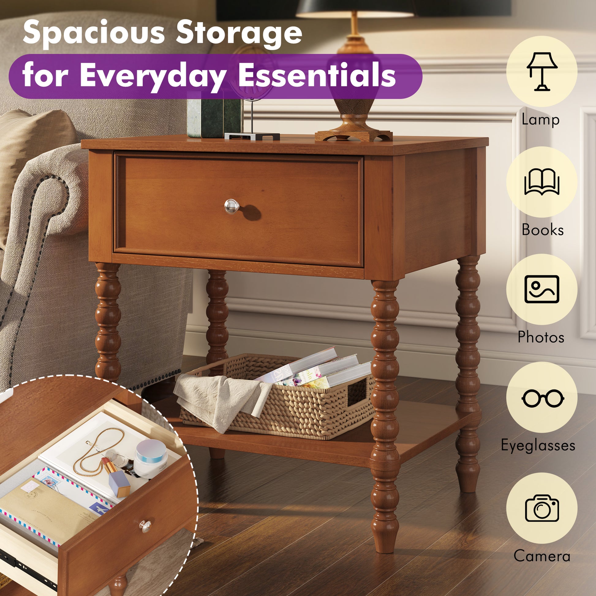 Spindle Solid Wood Nightstand  Brown / 2PC