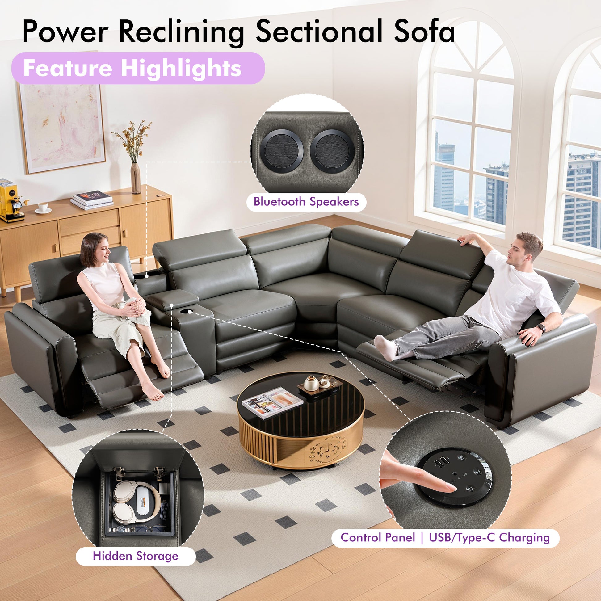 Vesper Dual Power Electric Reclining Sofa  Dark Grey