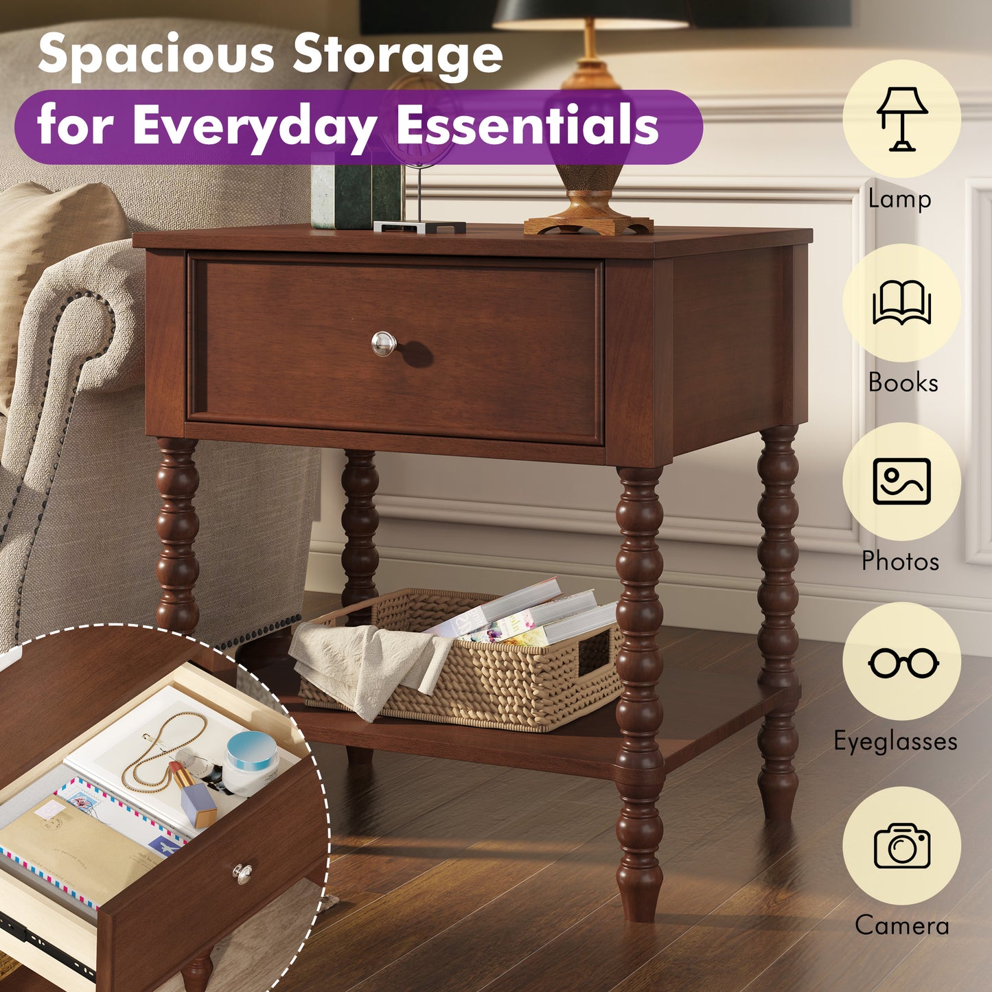 Spindle Solid Wood Nightstand  Dark Walnut / 2PC