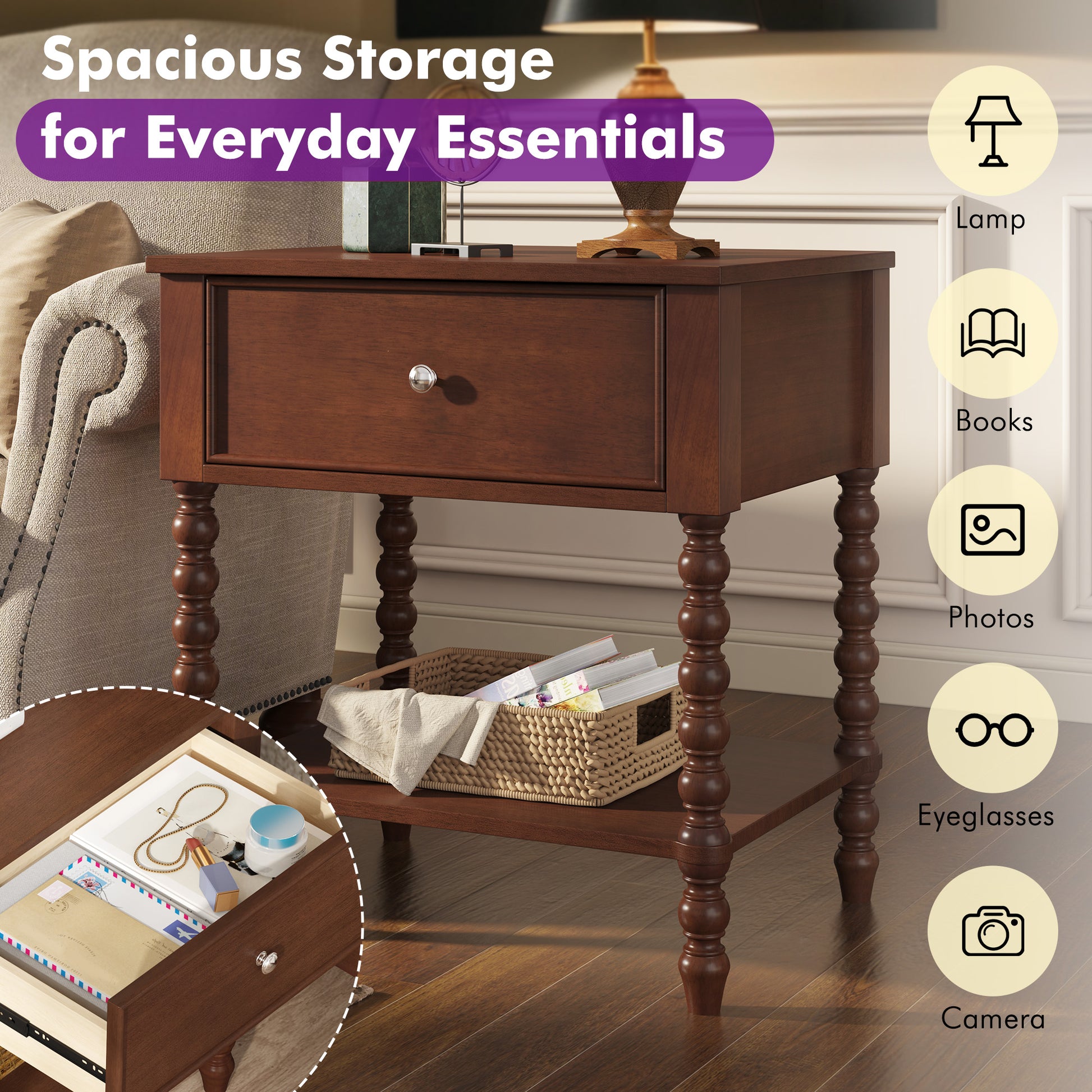 Spindle Solid Wood Nightstand  Dark Walnut / 2PC