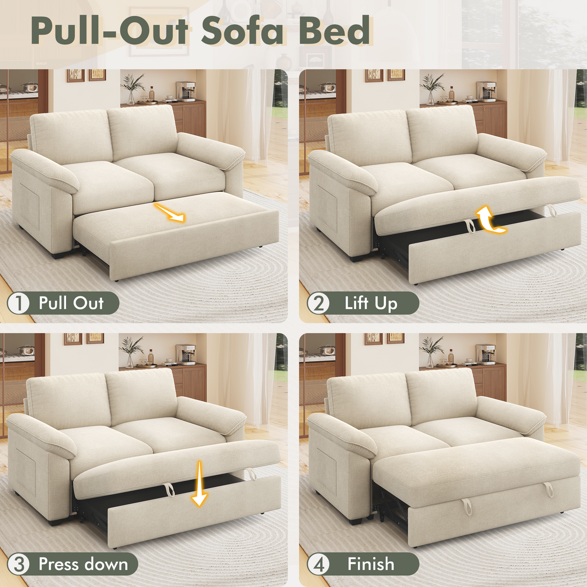 Sleeper Sectional Sofa with Pull Out Bed & Storage-56" | 2-Seater-Beige
