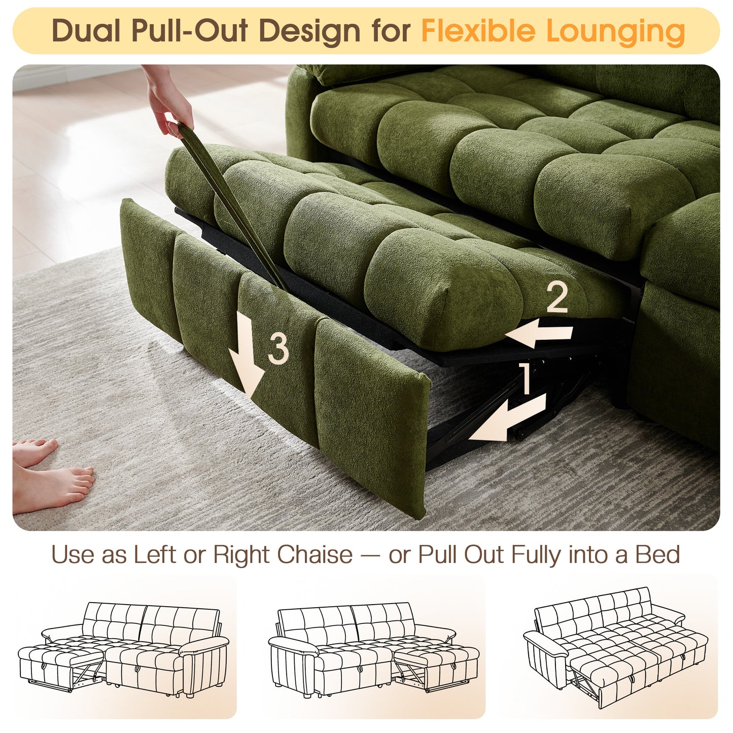 Recline 93" Convertible Sleeper Sofa -Green