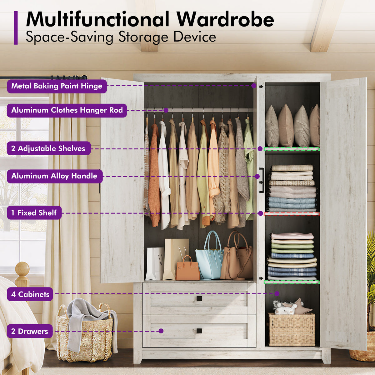 Barn 3 Door Farmhouse Wardrobe Closet-Distressed White
