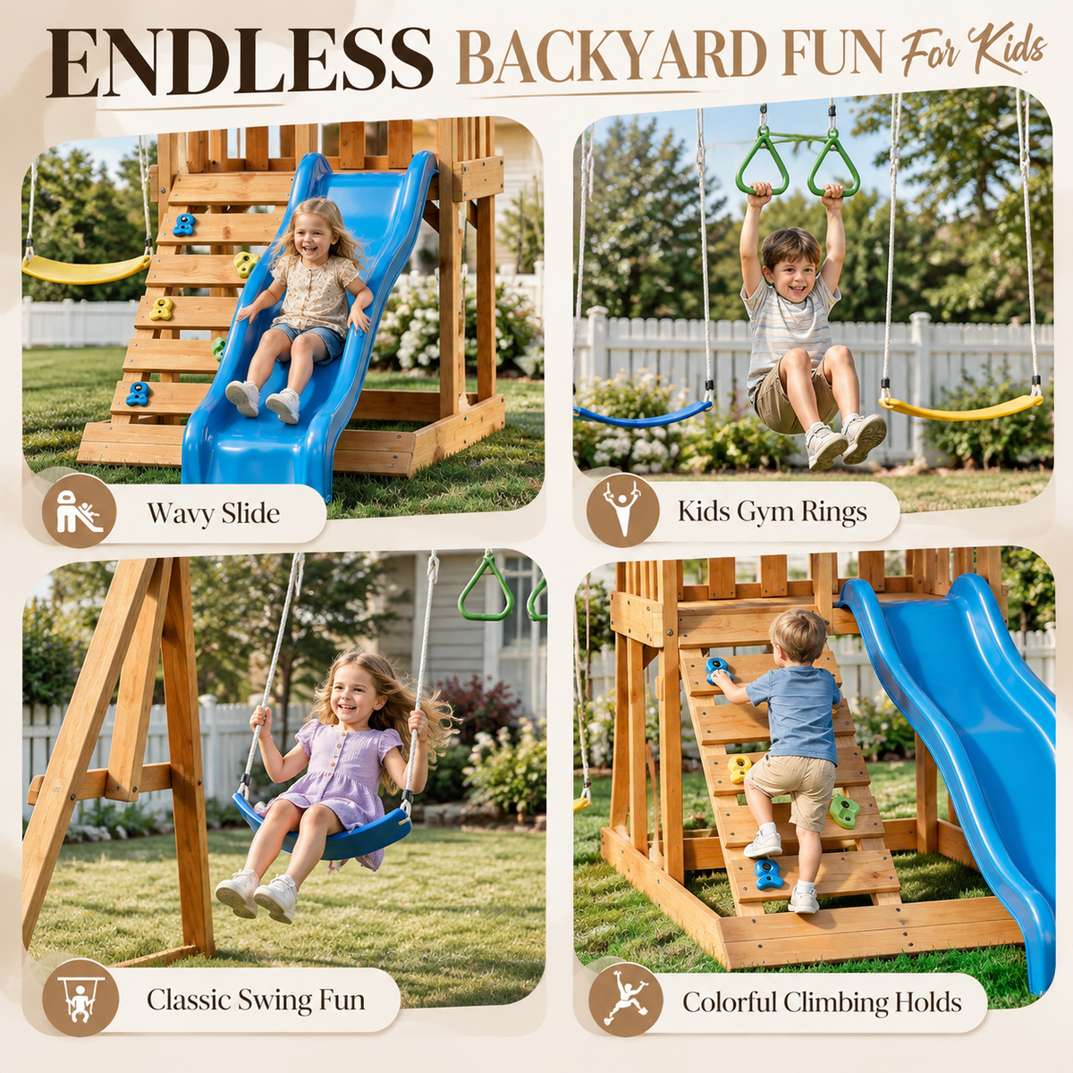 Evertrail Wooden Swing Set with Slide and Climbing Wall-Natural Oak