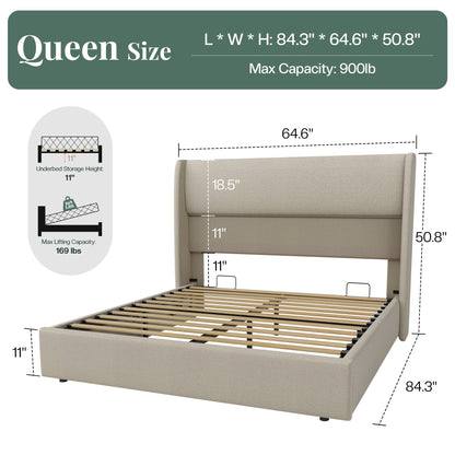 Haven Upholstered Hydraulic Storage Bed Frame-Queen-Khaki