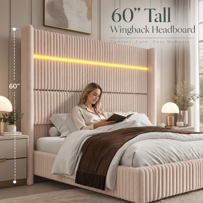 Warren Upholstered Bed Frame with LED Lights-Queen-Beige