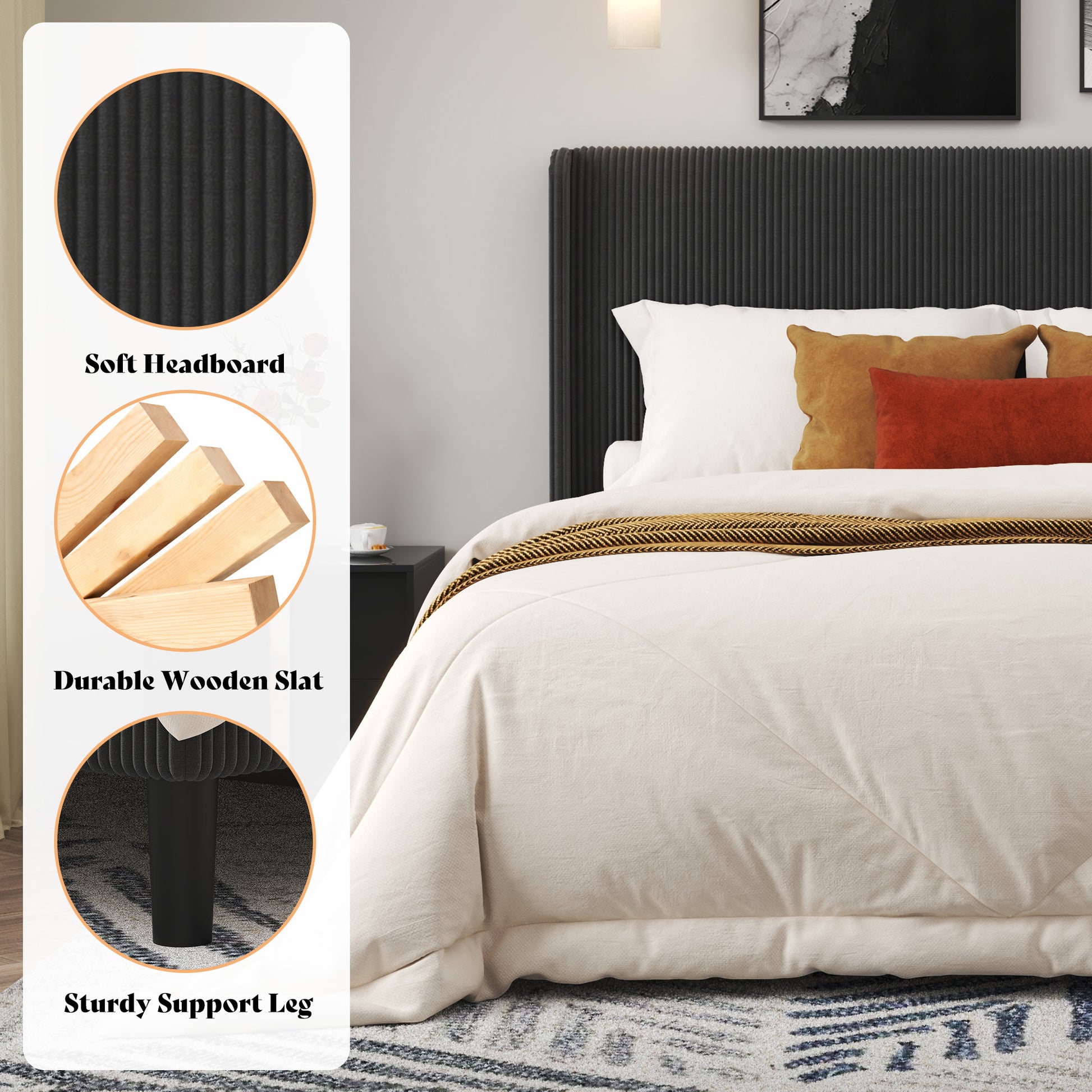 Corduroy Upholstered King Bed Frame-Black