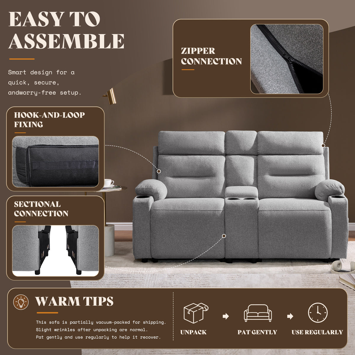L-Shaped Power Reclining Sectional Sofa with Console-Loveseat with Console-Light Grey